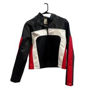 Stoosh Faux Leather Colorblock Moto Jacket - Black/Red/White - NWT Size LARGE